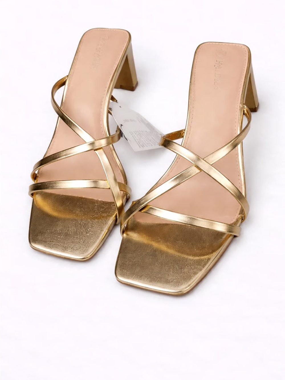 Metallic Gold Strappy Mid Block Heel Sandals - Women's